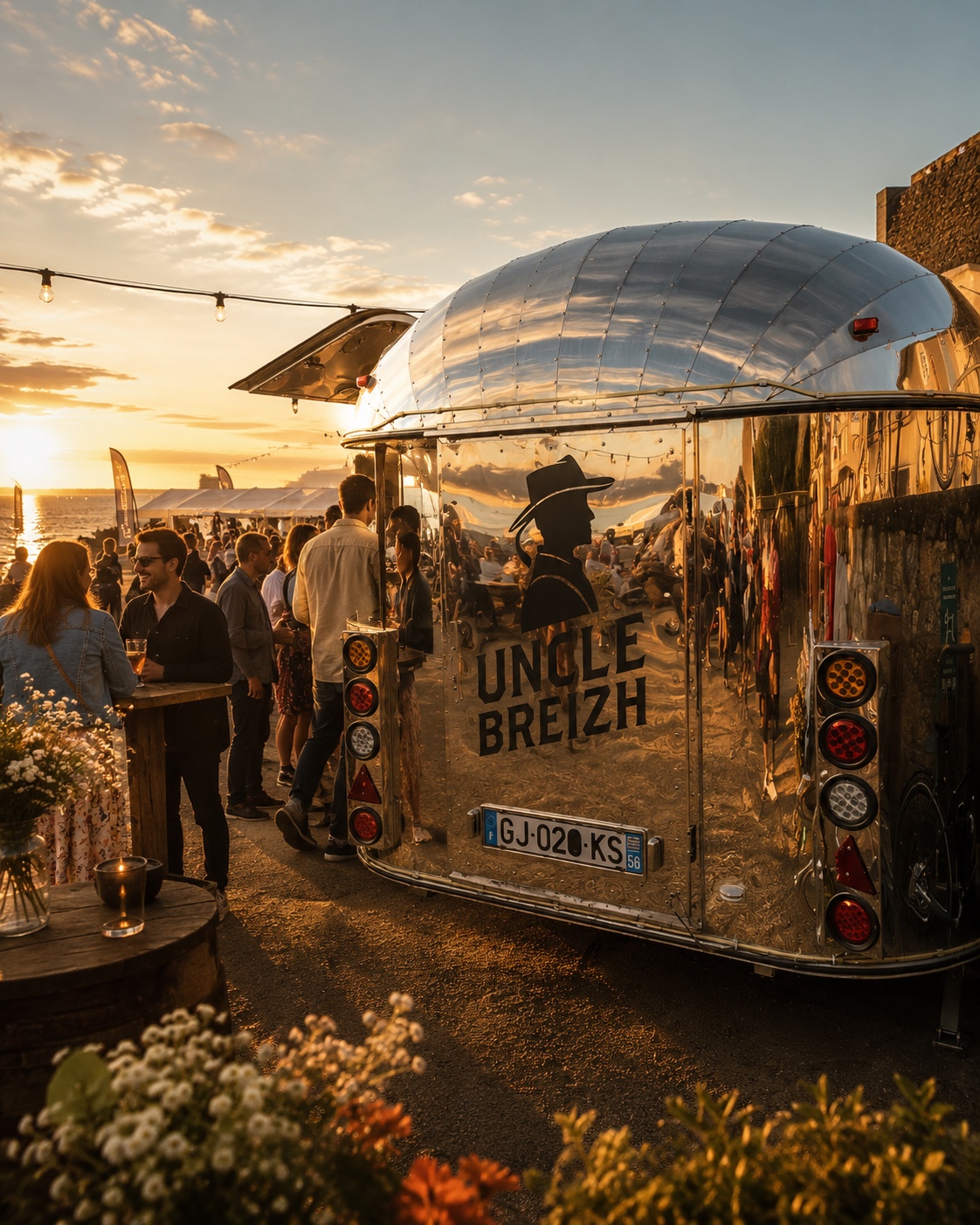 La caravane Airstream Uncle Breizh lors d’un événement au coucher du soleil