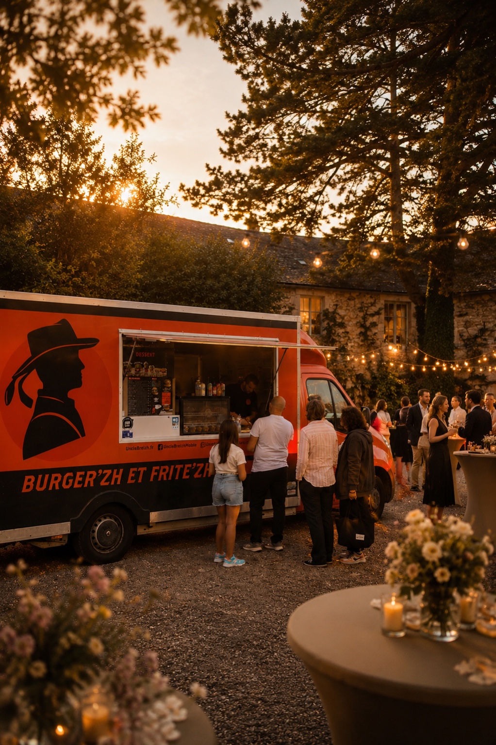 Le foodtruck orange Uncle Breizh installé pour une réception